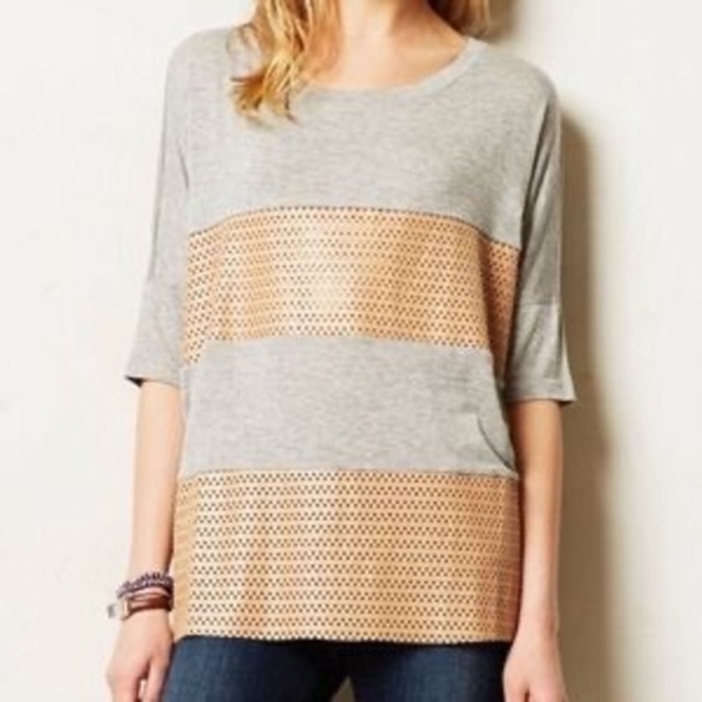 Sunday in Brooklyn Anthropologie Faux Leather Striped TShirt Gray Size Small